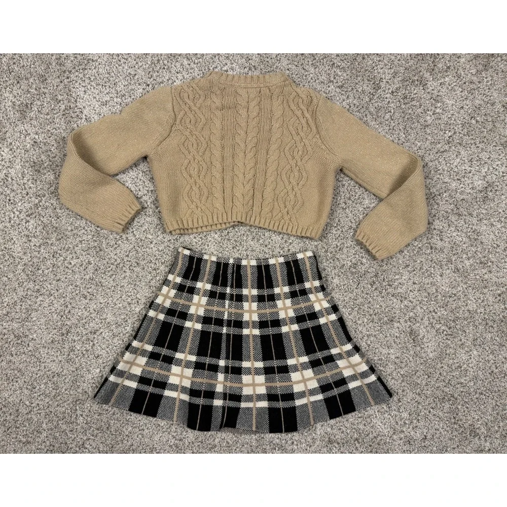 Cupcakes and Cashmere Sweater Skirt Set Kids 5/6 Tan Black Cable Plaid